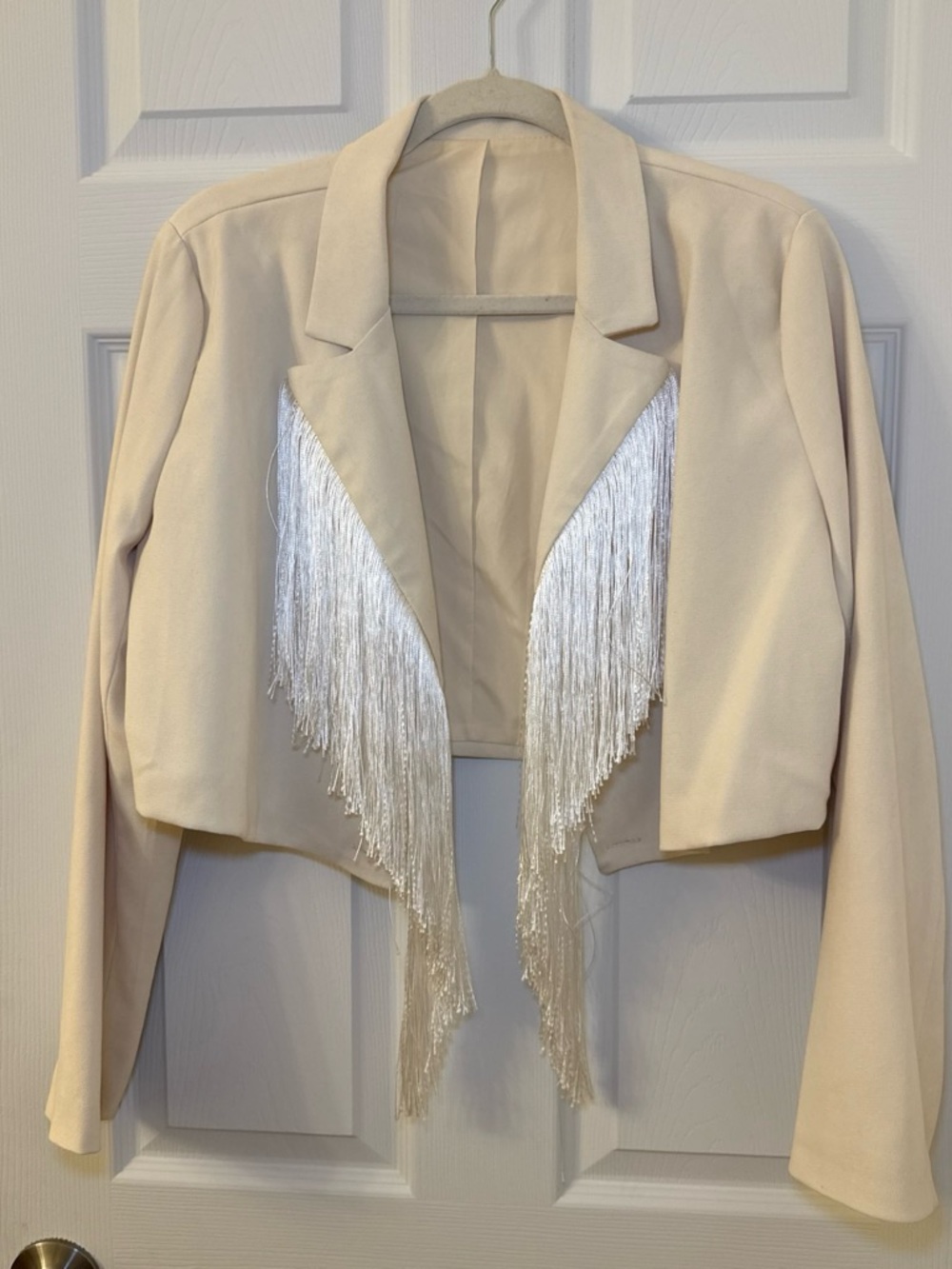 SHEIN Cream Cropped Blazer with Silver Fringe Trim